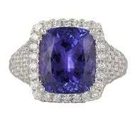 New 7.03ct Cushion Tanzanite and 2.43ctw Pave Diamond Frame Ring in 14K