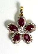 Stunning 14K Yellow Gold Ruby and Diamond Flower Pendant