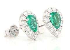 New 0.99ctw Pear Emerald and 0.75ctw Diamond Frame Stud Earrings in 14K