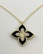 925 Sterling Silver Gold Tone Flower Princess Black Onyx With Crystal Accent Pendant