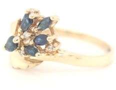 14kt Yellow gold marquise blue sapphire and diamond cluster ring
