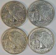 4 Assorted 'P' Mint Walking Liberty Half Dollars in slider/BU