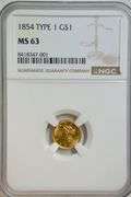Very Choice BU 1854 Type One $1 Gold Piece. NGC MS63
