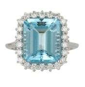 New 5.50ct Emerald Cut Aquamarine and 0.66ctw Diamond Frame Ring in 14K