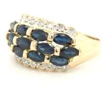 14kt Yellow gold 3 row marquise sapphire and diamond ring