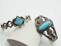 925 Sterling Silver Two Native American Navajo Turquoise Cuff Bracelets