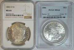 Impressive 'Gem' 1883-O (NGC) & 1886 (PCGS) Morgan Silver Dollars. MS64
