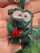 925 Sterling Silver Iced Out Dog Green Black & Clear CZ w/ Italian 7.5mm 22" Solid Rope Chain