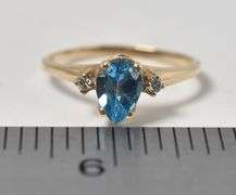 Pretty 10K Yellow Gold Blue Topaz Gemstone and Diamond Ring