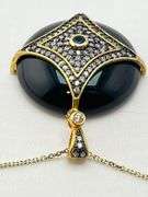 925 Black Rhodium Sterling Silver Black Onyx with Crystal Set Rhombus Overlay Pendant Necklace