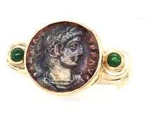 14kt Yellow gold Coin and green tourmaline cab ring