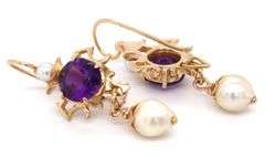 14kt Yellow gold amethyst and pearl dangle earrings