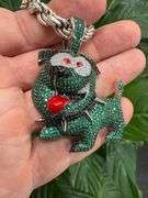 925 Sterling Silver Iced Out Dog Green Black & Clear CZ w/ Italian 7.5mm 22" Solid Rope Chain