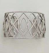 925 Sterling Silver Rhinestone Oval And Rhombus Design Wide Cuff Bracelet