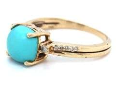 14kt Yellow gold cushion turquoise and diamond ring