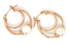 14kt Yellow gold white fresh water pearl double hoop earrings