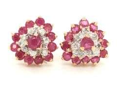 14kt Yellow gold heart and round ruby and diamond cluster flower stud earrings