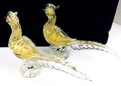 Pair of Large Vintage Murano Art Glass Pheasants