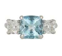 New 2.79ct Cushion Aquamarine and 2.00ctw Cushion Diamond Three Stone Ring in 14K