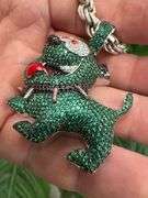 925 Sterling Silver Iced Out Dog Green Black & Clear CZ w/ Italian 7.5mm 22" Solid Rope Chain