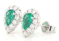 New 0.99ctw Pear Emerald and 0.75ctw Diamond Frame Stud Earrings in 14K