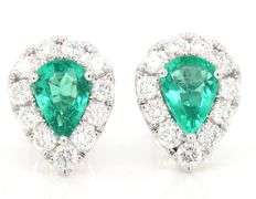 New 0.99ctw Pear Emerald and 0.75ctw Diamond Frame Stud Earrings in 14K
