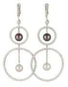 4.95ctw Diamond and Pearl Double Open Circle Dangle Earrings in 18K