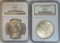 Near Gem BU 1921 Morgan & 1922 Peace Silver Dollars. NGC MS64