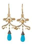 3.00ctw Rose Cut Diamond Pearl and Turquoise Chandelier Dangle Earrings in 18K