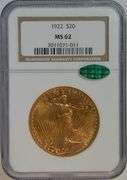 Scarce Choice BU 1922 St. Gaudens $20 Gold Piece. NGC MS62 CAC sticker