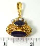Antique 18K Yellow Gold Fob with Amethysts and Pearls
