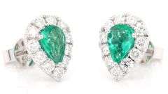 New 0.99ctw Pear Emerald and 0.75ctw Diamond Frame Stud Earrings in 14K