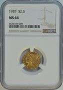 1929 US $2.50 Indian Gold Coin Piece NGC MS64