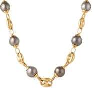Black Tahitian Pearl and Gucci Link Chain Station Necklace in 18K