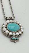 925 Sterling Silver Vintage Southwestern Style Turquoise And pearl Pendant With Rope chain