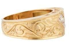 Gents 1.00ctw Round Diamond Three Stone Milgrain Scroll Band Ring in 14K