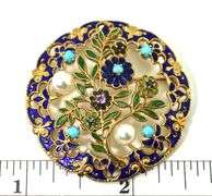 Exquisite 14K Brooch with Enamel and Stones