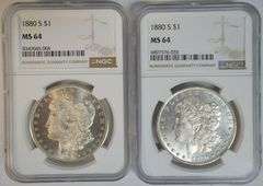 2 Near Gem BU 1880-S Morgan Silver Dollars. NGC MS64