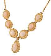 Vintage Angel Skin Coral and Ruby Filigree Frame Pendant Station Necklace in 18K