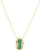 14kt Yellow gold channel set emerald and diamond slider pendant on chain