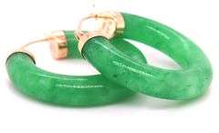 14kt Yellow gold green Jade hoop earrings