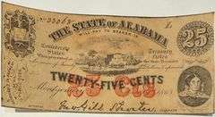Twenty Five Cent Uncirculated Jan 1 1863 Series Alabama CSA Note.