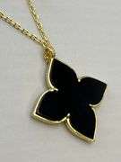 925 Sterling Silver Gold Tone Flower Princess Black Onyx With Crystal Accent Pendant