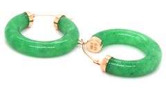 14kt Yellow gold green Jade hoop earrings
