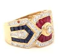 18kt Yellow gold Levian retro ruby, sapphire, emerald and diamond mosaic set ring
