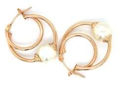 14kt Yellow gold white fresh water pearl double hoop earrings