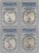 4 Blazing-white nearly Gem BU 1922-1925 Peace Dollars. PCGS MS64