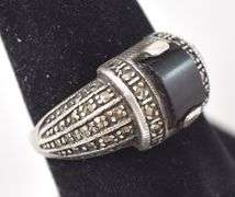 Black Onyx and Marcasite Gemstone Ring in Sterling Silver