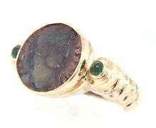 14kt Yellow gold Coin and green tourmaline cab ring