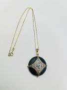 925 Black Rhodium Sterling Silver Black Onyx with Crystal Set Rhombus Overlay Pendant Necklace